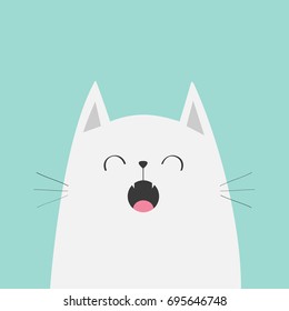 White cat face head silhouette meowing singing song. Cute cartoon funny character. Kawaii animal. Baby card. Pet collection. Flat design style. Blue background. Isolated. Vector illustration