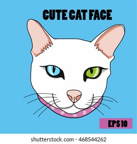 White cat face illustration on blue background