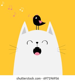 White cat face silhouette meowing singing song. Bird on head. Music note flying. Cute cartoon funny character. Kawaii animal. Baby card. Pet collection. Flat design. Yellow background Isolated. Vector