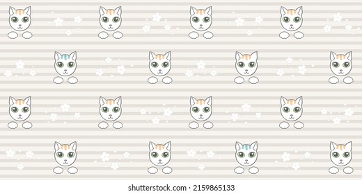 White cat faces and paws on a beige striped background with flowers. Endless texture with cute kittens. Vector seamless pattern for cover, wrapping paper, packaging, surface texture and nursery room