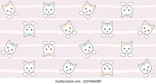 Caras y patas de gato blanco sobre un fondo rayado rosa pálido con puntos de polka. Textura sin fin con gatitos lindos. Patrón de vectores sin soldadura para la cubierta, papel de envoltura, textura superficial, sala de vivero o impresión