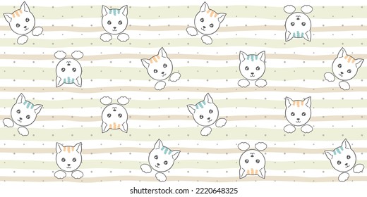 Caras y patas de gato blanco sobre un fondo de rayas beige con puntos de polka. Textura interminable con gatitos bonitos, mascota adorable. Patrón de vectores sin fisuras para la cubierta, el embalaje, el papel o la textura superficial
