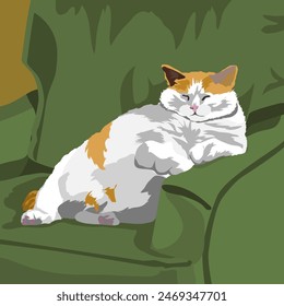 A white cat with fawn spots sleeps on a chair. Meme. The illustration is made mainly in warm colors. The picture conveys calmness, relaxation, pleasure.