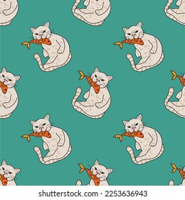 White cat with a fish in its mouth, carp, Asian style, seamless pattern. Retro style from Japan. Flat vector illustration for Asian restaurant.