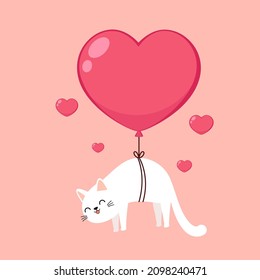 White cat floating tied to a heart shaped balloon. Valentine's Day greeting card. White cat cartoon vector.