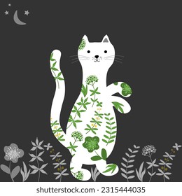 White cat with a flower pattern at night in the garden. Cute cat for print, fabric and textile.