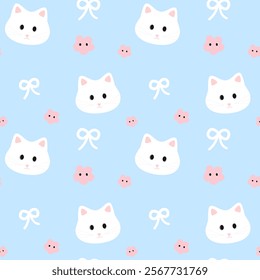 White cat, flowers, bow on blue background, fabric pattern, gift wrapping paper, notebook cover pattern , seamless pattern 