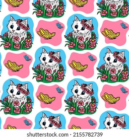 White cat in flowers seamless vector pattern