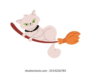 White cat flying on witch broom flat color vector illustration. Magician familiar pet on Halloween holiday character icon on white background