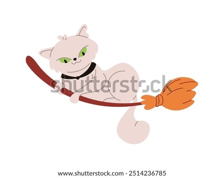 White cat flying on witch broom flat color vector illustration. Magician familiar pet on Halloween holiday character icon on white background