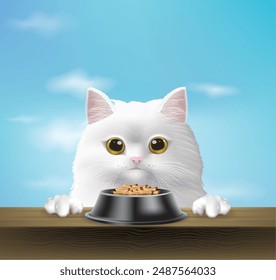 White cat with a food bowl in front