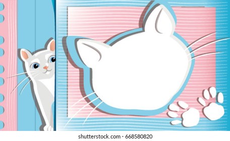 White cat frame. Cute vector template for photo, text or greetings design. Your photo as the cat's muzzle and two fingerprints of the cat's paws for signing the photo. 