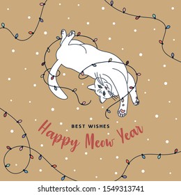 White cat with Garland Lights on caramel color background. Good for Christmas greeting card, party invites, nursery design, posters. Cute vector illustration.