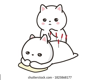  A white cat get acupuncture. 