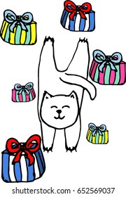 White cat with gifts on a white background.