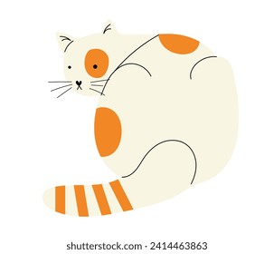 Сute white cat with ginger spots sitting, view from behind. Hand drawn vector illustration in flat design