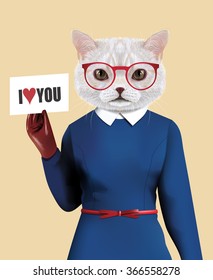 White Cat girl dressed up. Vector Illustration of cute anthropomorphic cat in dress, belt, gloves, glasses. Realistic fashion stylish animal isolated portrait. Cat is holding paper card I love You