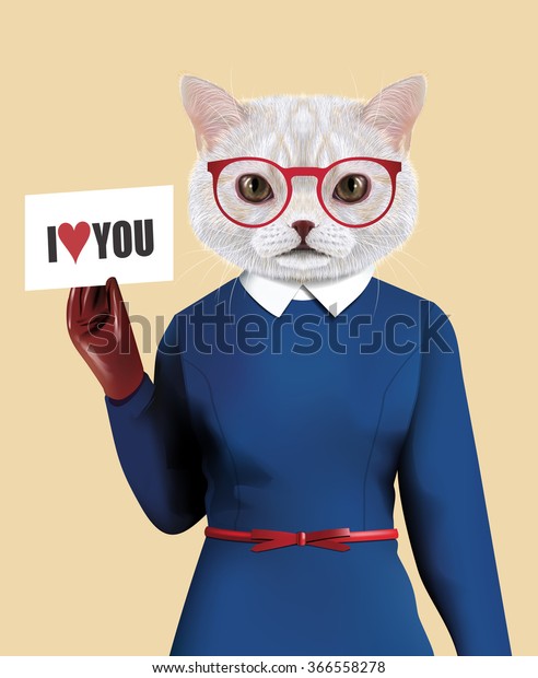 白猫の女の子がおめかしをした ドレス ベルト 手袋 眼鏡など 可愛い身体型の猫のベクターイラスト リアルなファッションスタイリッシュな動物のポートレート 猫が紙のカードを持っているのが好き のベクター画像素材 ロイヤリティフリー