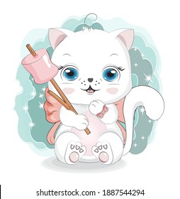 white cat girl, kitten with bow, marshmallows on stick, picture in hand drawing cartoon style, for t-shirt wear fashion print design, greeting birthday card, postcard. baby shower. party invitation