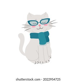 White cat with glasses and scarf around his neck, funny pets, vector illustration. Isolated.