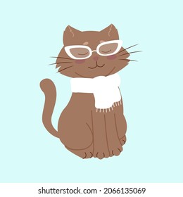 White cat with glasses and scarf around his neck, funny pets, vector illustration. Isolated.