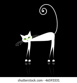 White cat with green eyes on black