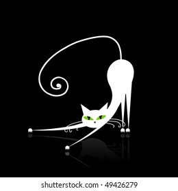White cat with green eyes on black