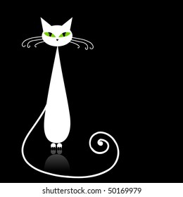 White cat with green eyes on black