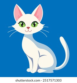 Um gato branco com olhos verdes está sentado sobre um fundo azul. O gato tem uma expressão fofa e amigável