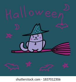 white cat in a Halloween hat is flying on a broomstick. kid illustration