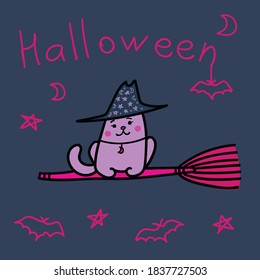 white cat in a Halloween hat is flying on a broomstick. kid illustration