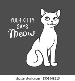 White cat. Happy cute fun kitten cartoon vector illustration. Meow lettering