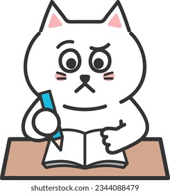 White cat having a dubious face with a pencil and notebook, vector illustration.