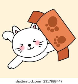 The white cat is having fun playing with the box_P6