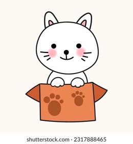The white cat is having fun playing with the box_P1