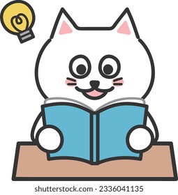 White cat having an idea from a book, vector illustration.