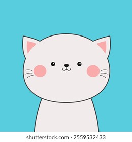 White cat head face line contour silhouette. Cute cartoon funny baby character. Pet collection. Pink ears, blush cheeks. Funny kawaii smiling doodle animal. Flat design Blue background. Vector