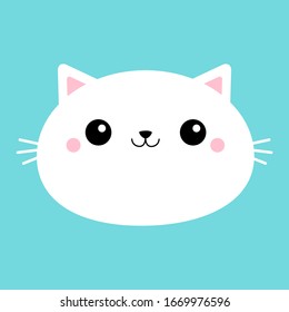 White cat head face oval icon with big eyes. Cute cartoon kawaii funny character. Moustaches. Pet baby print collection. Happy Valentines Day. Flat design. Blue background. Isolated. Vector
