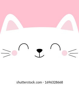 White cat head face square icon with eyes. Pet baby print for notebook cover, greeting card. Cute cartoon kawaii funny character. Moustaches. Happy Valentines Day. Flat design. Pink background. Vector