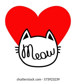 White cat head silhouette shape. Meow lettering text. Love card. Cute cartoon character. Big red heart. Kawaii animal. Baby pet collection. Sign Symbol. Flat design. White background. Isolated. Vector
