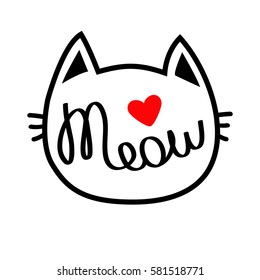 White cat head silhouette shape. Meow lettering text. Cute cartoon character. Red heart. Love card. Kawaii animal. Baby pet collection. Sign Symbol. Flat White background. Isolated Vector illustration