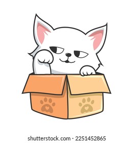 White Cat Hiding in Box - Cute White Pussy Cat in Box waving Paws Hand