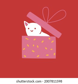Un gato blanco escondido en una caja de regalo. Carácter lindo sobre fondo rojo, diseño de tarjeta de saludo, ilustración vectorial.