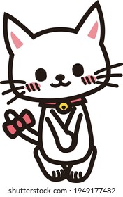 A white cat with his hands folded in front of him