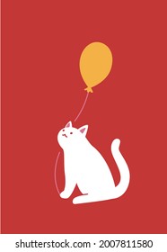 White cat holding a ballon with his paws. Cute character on red background, greeting card design, vector iilustration.