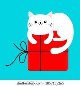 White cat holding big red Merry Christmas gift box. Cute cartoon funny character. Funny kawaii doodle contour line animal. Present giftbox. Xmas card. Pet collection Flat design Blue background Vector