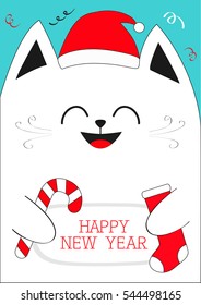 White Cat holding Happy New Year text, Candy cane, sock. Cute funny cartoon character.Confetti, red Santa hat. Flat design Blue background. Vector illustration