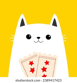 White cat holding movie tickets. Cute cartoon funny character. Cinema theater. Kitten watching movie. Film show. Kids sticker print. Flat design. Yellow background. Isolated. Vector illustration