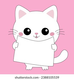 White cat holding placard blank sign paper with paws. Web banner template. Kitten with big eyes. Cute cartoon funny baby character. Kawaii pet animal. Flat design. Pink background. Isolated. Vector