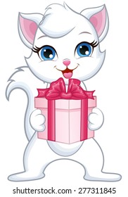 White cat holding a present